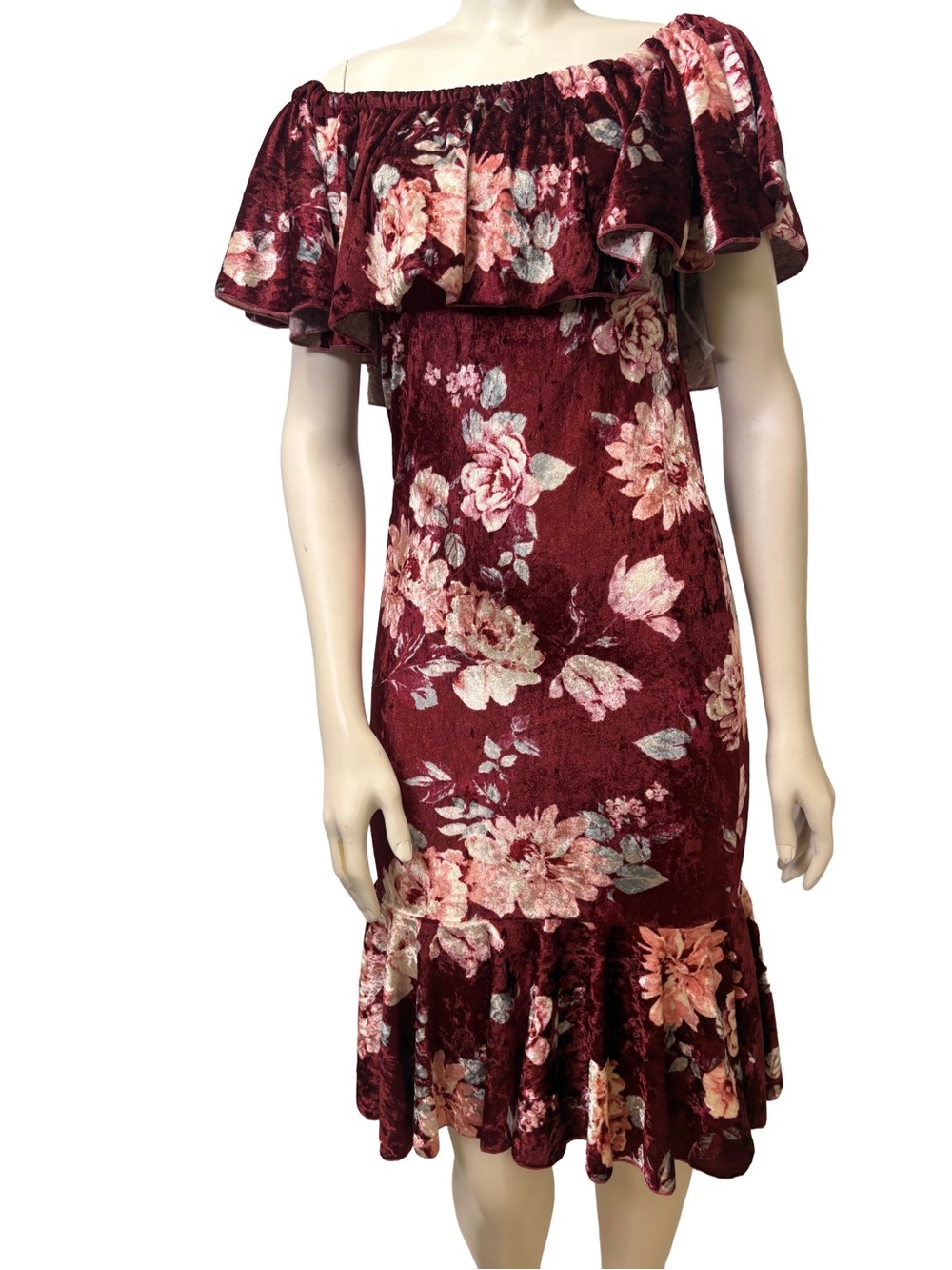 LuLaRoe Cici Floral Velvet Off Shoulder Midi Dress Burgundy Small S